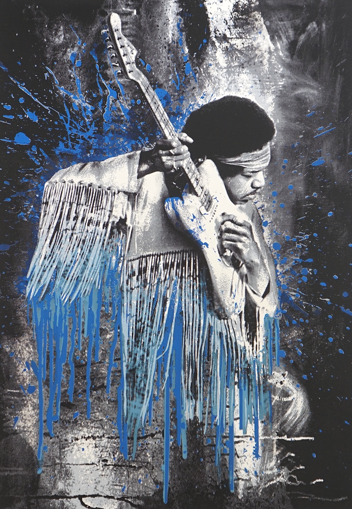 Thierry Guetta [Mr Brainwash} (French, b.1966), 'Jimi Hendrix' (blue), five colour screenprint on hand torn archival paper, 71 x 50.5cm